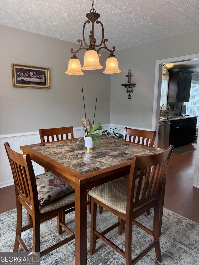60 Buck Trl, Newnan, GA 30265 - dining room with a textured ceiling, a wainscoted wall, and dark wood finished floors