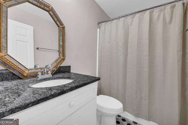 1861 Skyline Dr, Toccoa, GA 30577 - full bathroom with vanity, toilet, curtained shower, and tile patterned floors