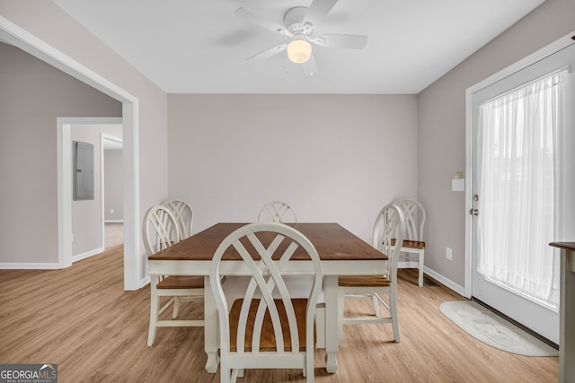1861 Skyline Dr, Toccoa, GA 30577 - dining space with light wood-type flooring, baseboards, a ceiling fan, and healthy amount of natural light