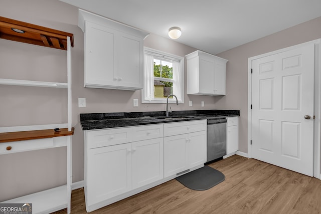 1861 Skyline Dr, Toccoa, GA 30577 - kitchen featuring stainless steel dishwasher, a sink, light wood-style floors, white cabinetry, and dark stone counters