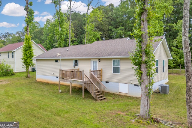 1861 Skyline Dr, Toccoa, GA 30577 - back of house with crawl space, central AC unit, a deck, a lawn, and roof with shingles