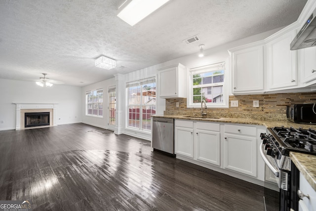 773 Minor Oaks Run NW, Lilburn, GA 30047 - kitchen featuring appliances with stainless steel finishes, a ceiling fan, white cabinetry, dark wood-type flooring, and decorative backsplash