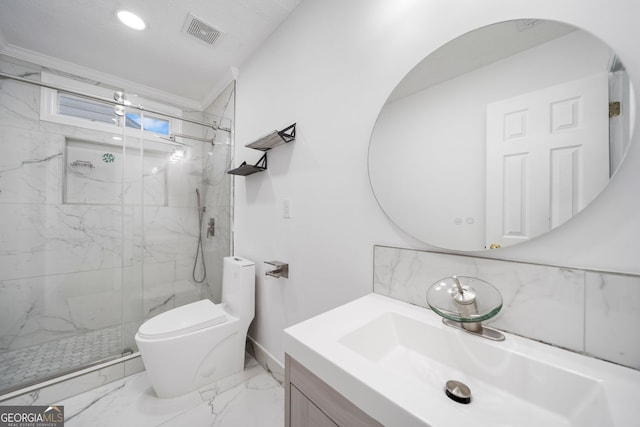 773 Minor Oaks Run NW, Lilburn, GA 30047 - bathroom with vanity, a marble finish shower, marble finish floors, and recessed lighting