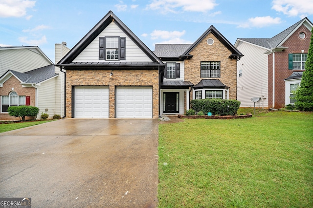 773 Minor Oaks Run NW, Lilburn, GA 30047 - traditional-style home with a standing seam roof, a front lawn, and driveway