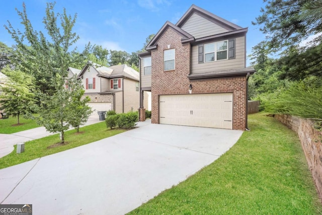 545 Offaly Ln, Atlanta, GA 30349 - view of front of home featuring brick siding, a garage, concrete driveway, and a front lawn