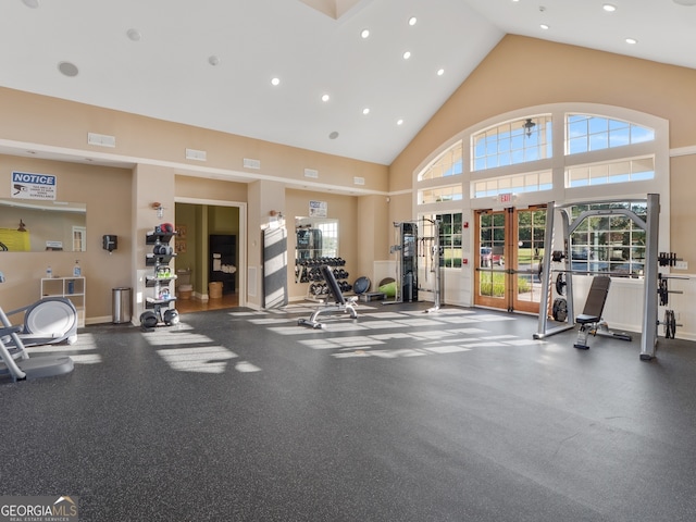 111 Moonlight Trl, Port Wentworth, GA 31407 - exercise room featuring recessed lighting, high vaulted ceiling, and french doors