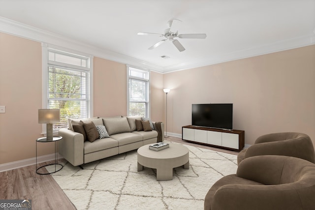 111 Moonlight Trl, Port Wentworth, GA 31407 - living area with crown molding, a ceiling fan, wood finished floors, and baseboards