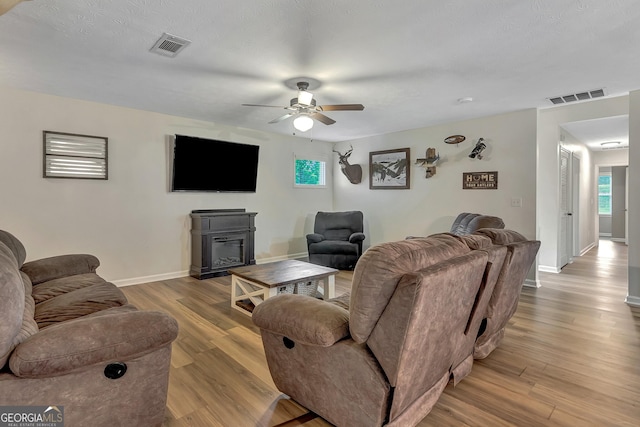 10 1st Ave E, Newnan, GA 30265 - living room with a ceiling fan, light wood-style floors, baseboards, and a glass covered fireplace
