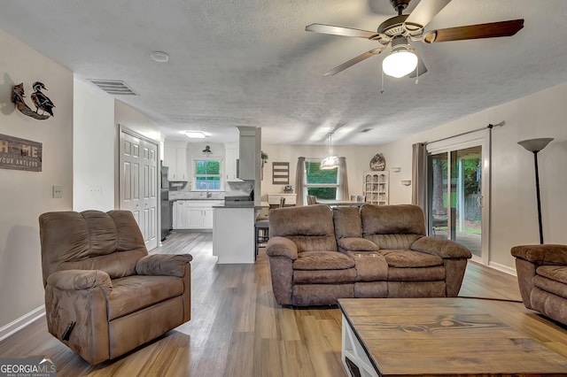 10 1st Ave E, Newnan, GA 30265 - living room featuring a ceiling fan, light wood finished floors, baseboards, and a textured ceiling