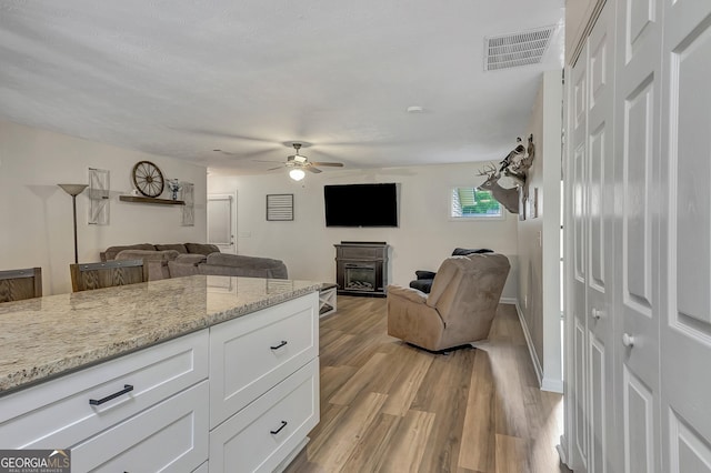 10 1st Ave E, Newnan, GA 30265 - kitchen with a ceiling fan, white cabinetry, light wood-style floors, a fireplace, and open floor plan