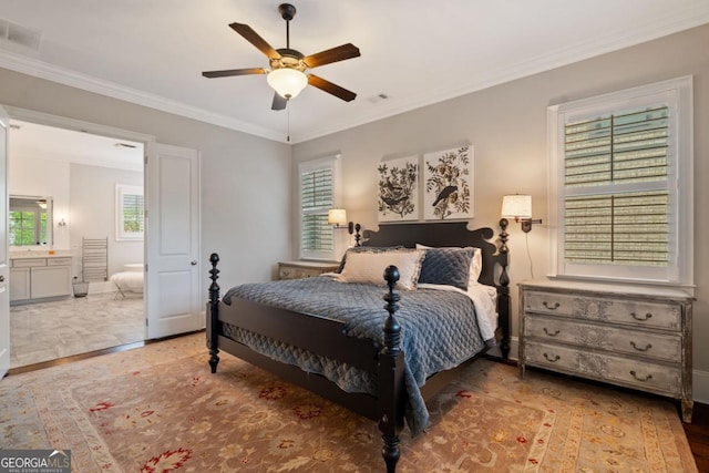 4224 Dogwood Bend Park, Berkeley Lake, GA 30096 - bedroom featuring multiple windows, crown molding, wood finished floors, connected bathroom, and a ceiling fan