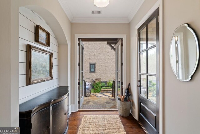 4224 Dogwood Bend Park, Berkeley Lake, GA 30096 - entrance foyer with dark wood-type flooring and crown molding