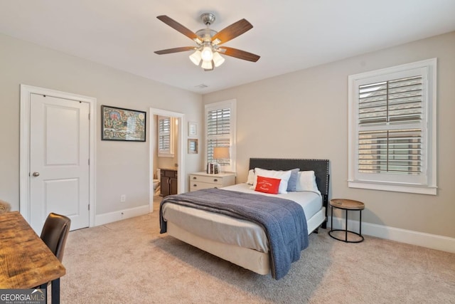 4224 Dogwood Bend Park, Berkeley Lake, GA 30096 - bedroom featuring carpet, baseboards, ensuite bathroom, and ceiling fan