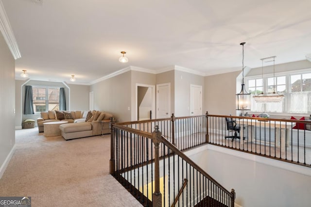 4224 Dogwood Bend Park, Berkeley Lake, GA 30096 - hallway featuring an upstairs landing, carpet flooring, crown molding, and baseboards