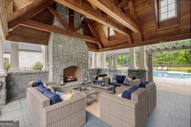 4224 Dogwood Bend Park, Berkeley Lake, GA 30096 - view of patio featuring an outdoor living space with a fireplace and a gazebo