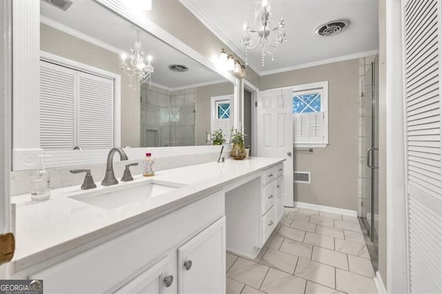 8140 Wood St SE, Covington, GA 30014 - full bath featuring a chandelier, vanity, a shower stall, ornamental molding, and marble look tiles