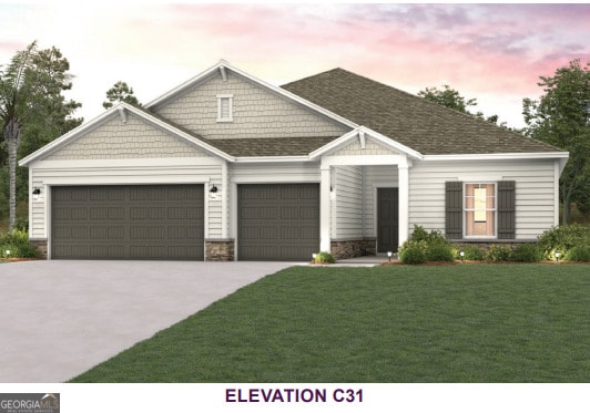 222 Park View Ln, Kingsland, GA 31548 - craftsman-style home with an attached garage, concrete driveway, a yard, stone siding, and a shingled roof