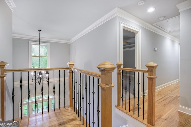 386 Link Rd, Alpharetta, GA 30022 - hallway with attic access, an upstairs landing, wood finished floors, recessed lighting, and baseboards