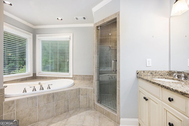 386 Link Rd, Alpharetta, GA 30022 - full bathroom with vanity, a garden tub, a shower stall, and crown molding