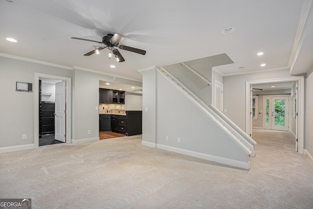 386 Link Rd, Alpharetta, GA 30022 - unfurnished living room with light colored carpet, baseboards, a ceiling fan, crown molding, and recessed lighting