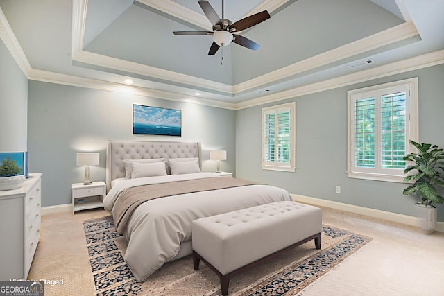 386 Link Rd, Alpharetta, GA 30022 - bedroom with a tray ceiling, ornamental molding, light carpet, baseboards, and ceiling fan