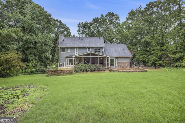 386 Link Rd, Alpharetta, GA 30022 - rear view of house featuring a chimney, a sunroom, and roof with shingles