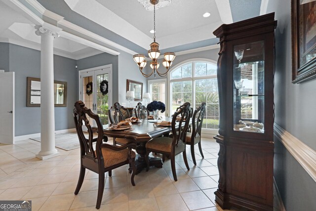 12 Par Dr, Jesup, GA 31546 - dining room featuring decorative columns, a raised ceiling, light tile patterned floors, recessed lighting, and a chandelier