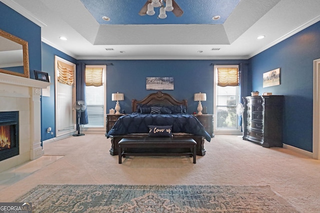 12 Par Dr, Jesup, GA 31546 - bedroom with carpet flooring, crown molding, a fireplace, baseboards, and recessed lighting