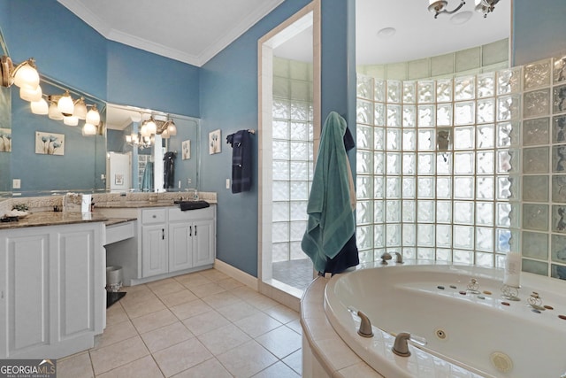 12 Par Dr, Jesup, GA 31546 - bathroom featuring vanity, a jetted tub, ornamental molding, a chandelier, and tile patterned floors