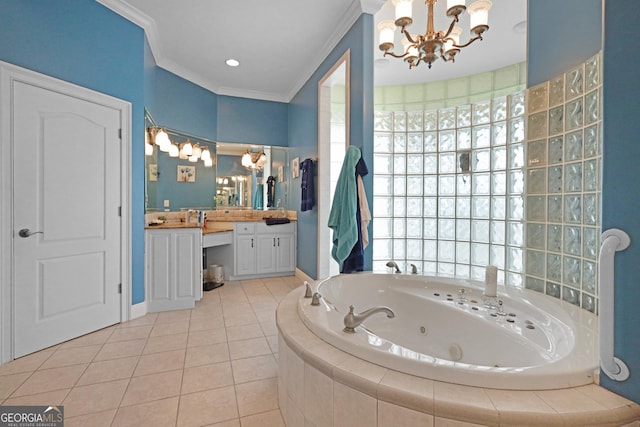 12 Par Dr, Jesup, GA 31546 - full bath with a chandelier, vanity, a whirlpool tub, ornamental molding, and tile patterned floors