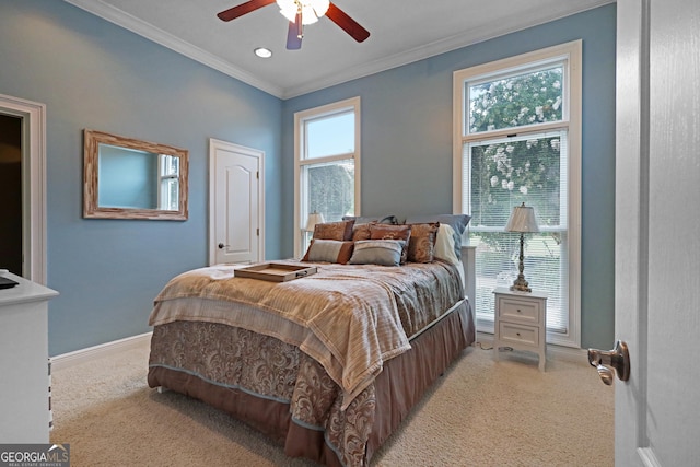 12 Par Dr, Jesup, GA 31546 - bedroom featuring light carpet, crown molding, baseboards, recessed lighting, and a ceiling fan