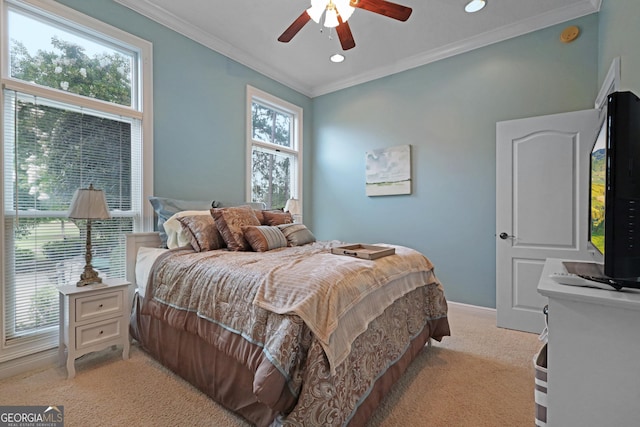 12 Par Dr, Jesup, GA 31546 - bedroom featuring light carpet, ornamental molding, ceiling fan, baseboards, and recessed lighting