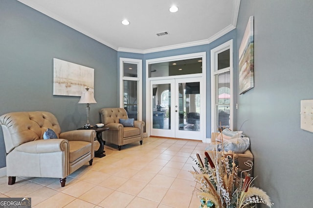 12 Par Dr, Jesup, GA 31546 - sitting room featuring french doors, light tile patterned flooring, crown molding, and recessed lighting