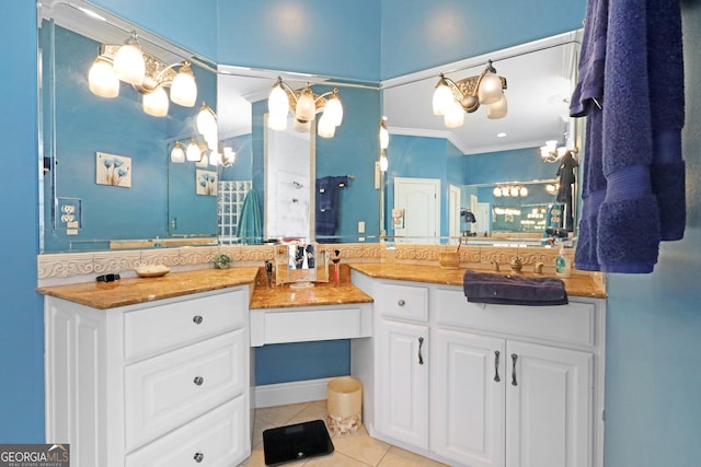 12 Par Dr, Jesup, GA 31546 - bathroom with tile patterned flooring, vanity, a chandelier, ornamental molding, and a shower