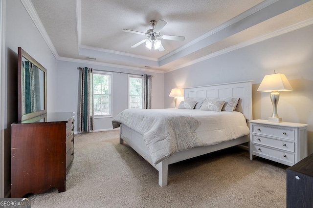 79 Churchill Ct, Richmond Hill, GA 31324 - bedroom featuring a tray ceiling, light colored carpet, ornamental molding, a textured ceiling, and ceiling fan