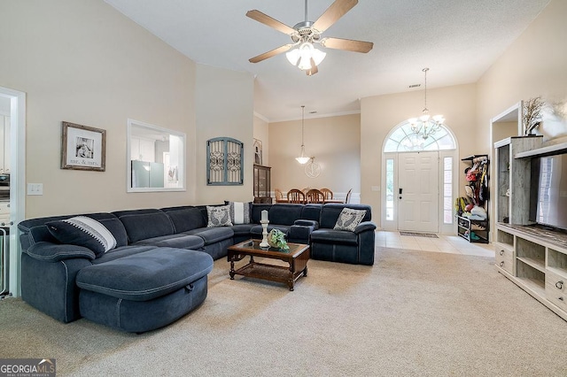 79 Churchill Ct, Richmond Hill, GA 31324 - living area with light colored carpet, a high ceiling, a chandelier, and ceiling fan