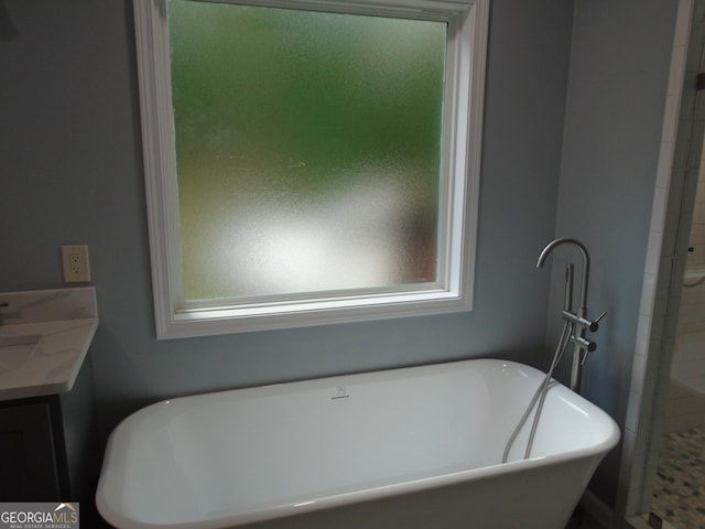 621 Zebulon Rd, Milner, GA 30257 - bathroom with a soaking tub, a stall shower, and vanity