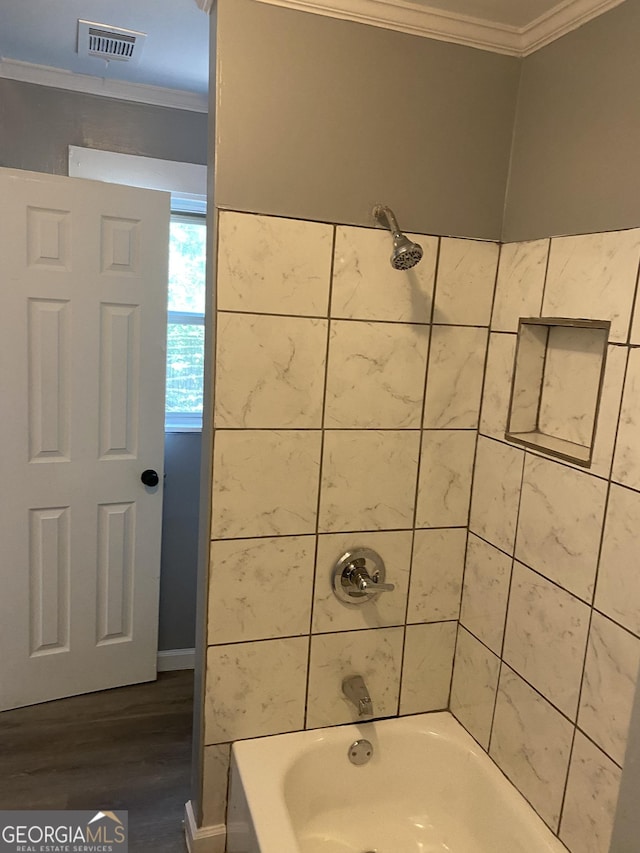 525 Ormond Ter, Macon, GA 31206 - full bath featuring crown molding, wood finished floors, and shower / bath combination