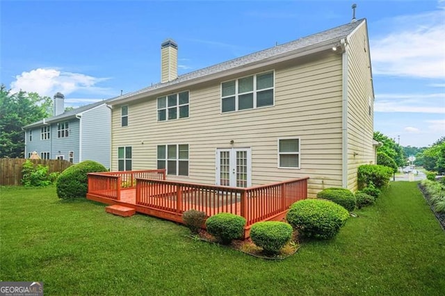 606 Hay Meadow Pl, Acworth, GA 30102 - back of property with french doors, a wooden deck, and a chimney