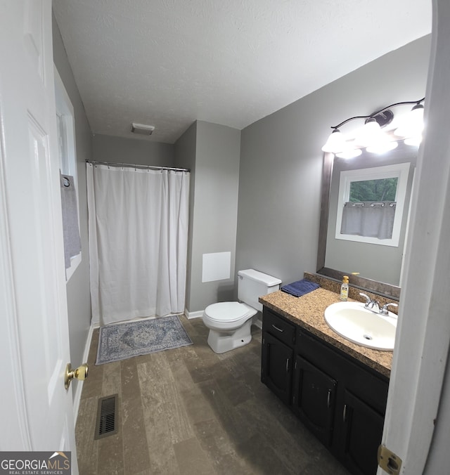 245 Freestone Dr, Newnan, GA 30265 - bathroom featuring wood finished floors, toilet, vanity, a shower with curtain, and a textured ceiling