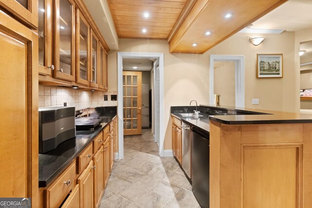 1014 Overlook Dr, Villa Rica, GA 30180 - kitchen with dark countertops, recessed lighting, a sink, backsplash, and wood ceiling