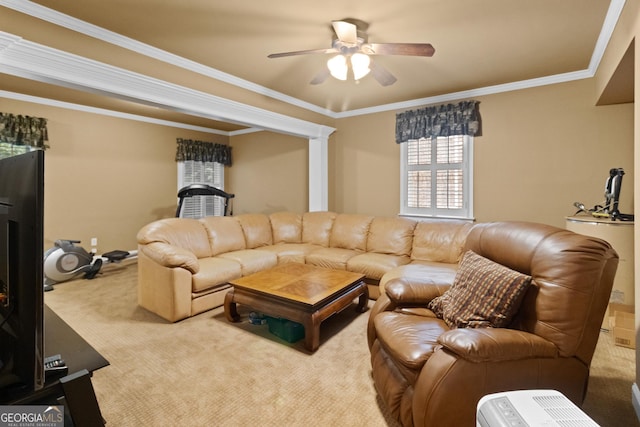 1014 Overlook Dr, Villa Rica, GA 30180 - living room with water heater, carpet flooring, ceiling fan, and crown molding