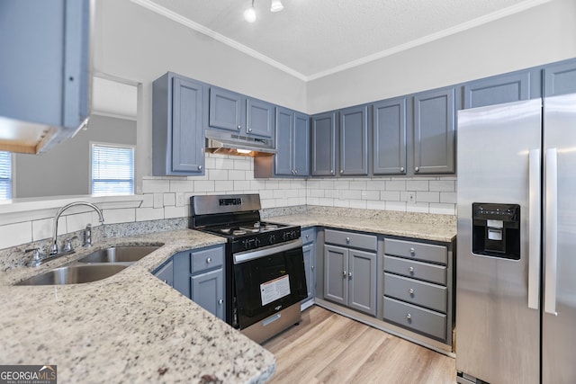 3315 Brookfield Dr, Austell, GA 30106 - kitchen featuring appliances with stainless steel finishes, a sink, under cabinet range hood, crown molding, and backsplash
