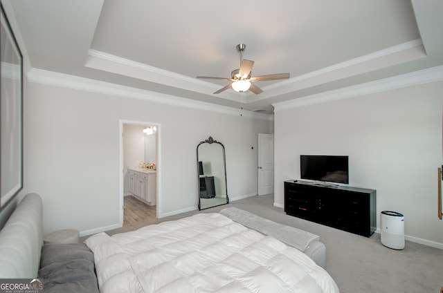 778 Laurel Cove Dr, Hoschton, GA 30548 - bedroom featuring a raised ceiling, ornamental molding, baseboards, ceiling fan, and light carpet