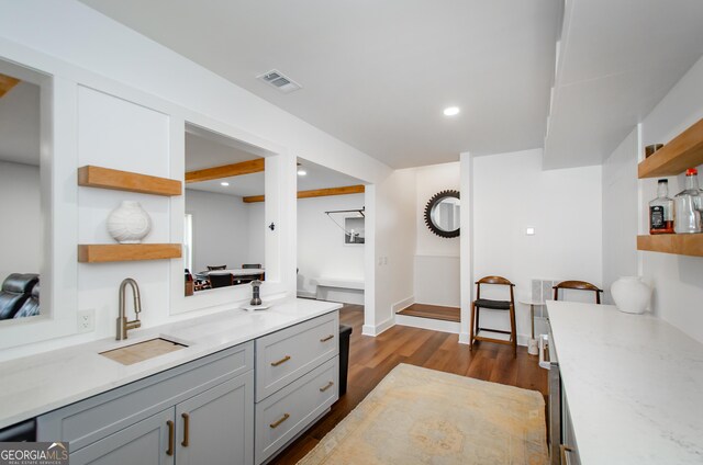 778 Laurel Cove Dr, Hoschton, GA 30548 - kitchen featuring open shelves, a sink, gray cabinets, dark wood finished floors, and recessed lighting