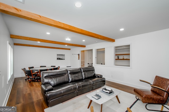 778 Laurel Cove Dr, Hoschton, GA 30548 - living area featuring recessed lighting, beamed ceiling, dark wood-style floors, baseboards, and stairway