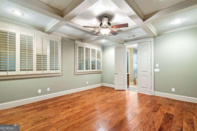 104 Beacon Crst, Newnan, GA 30265 - unfurnished bedroom with beamed ceiling, wood finished floors, ornamental molding, coffered ceiling, and ceiling fan