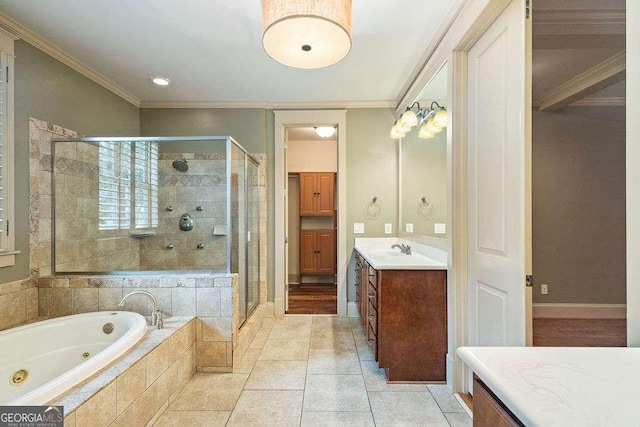 104 Beacon Crst, Newnan, GA 30265 - full bathroom with ornamental molding, vanity, a jetted tub, a shower stall, and tile patterned flooring