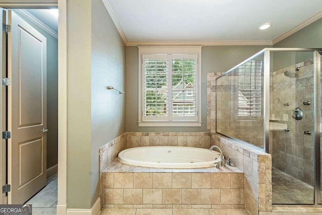 104 Beacon Crst, Newnan, GA 30265 - bathroom featuring a garden tub, a stall shower, and crown molding