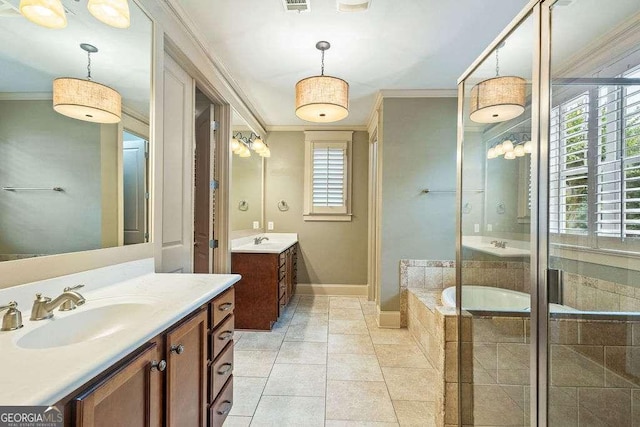 104 Beacon Crst, Newnan, GA 30265 - full bath featuring two vanities, crown molding, a stall shower, a garden tub, and tile patterned flooring